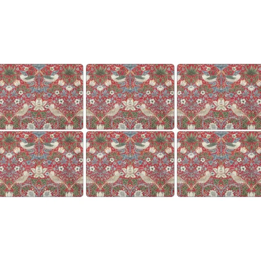 Morris & Co Strawberry Thief Set Of 6 Placemats - Red