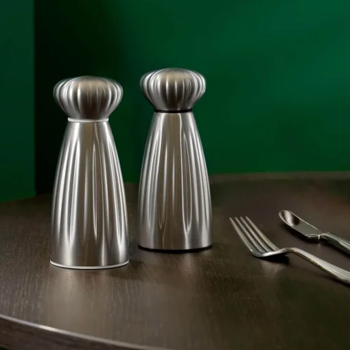 Robert Welch Palm Medium Stainless Steel Salt & Pepper Mill Set with Tray - Satin