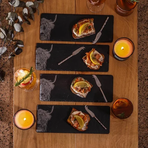 Selbrae House 4-Piece Mini Slate Cheese Board & Knife Set - Highland Cow
